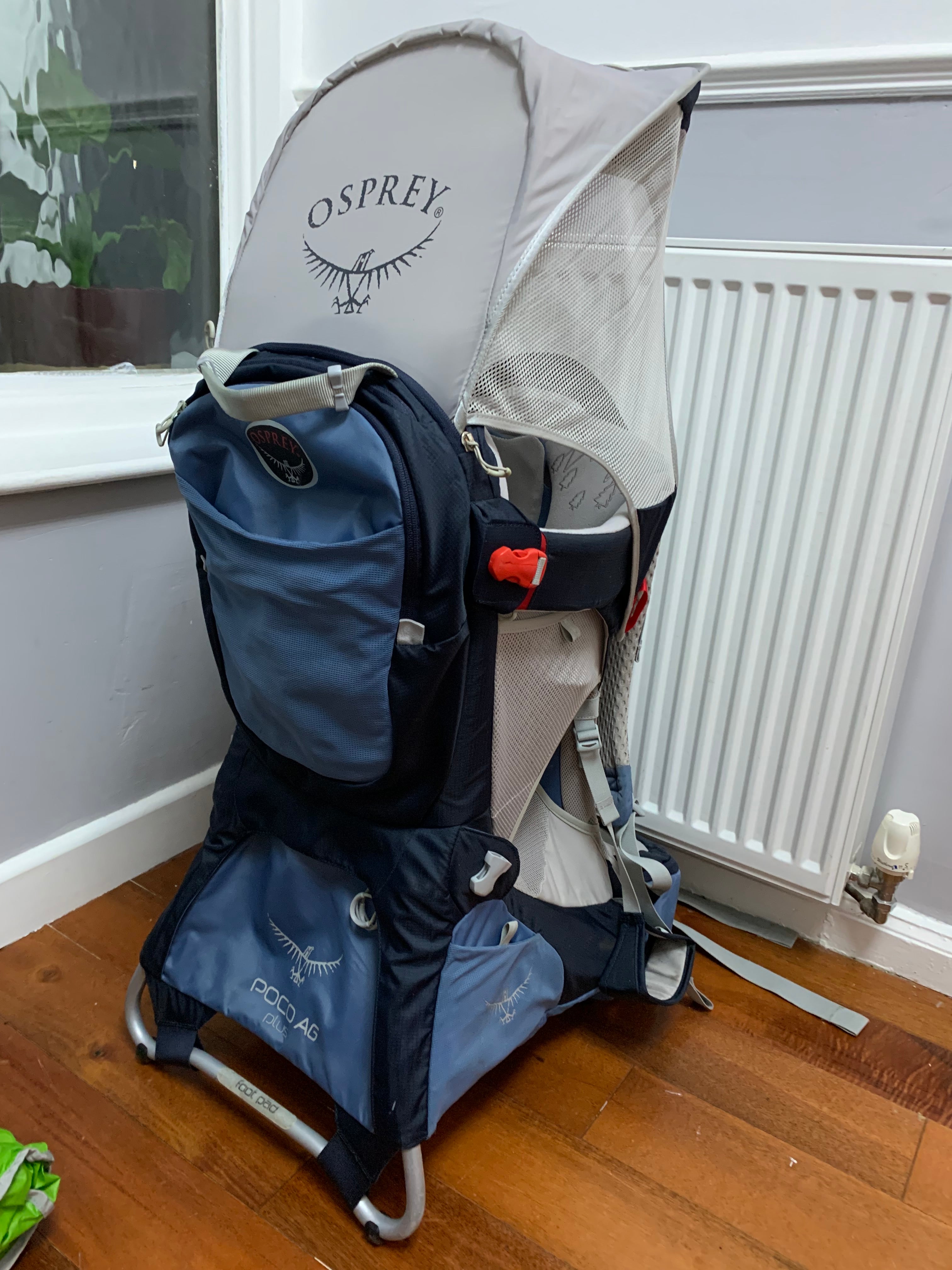 Osprey Poco AG Plus child carrier with Sun Shade and Rain Cover Blue Grey